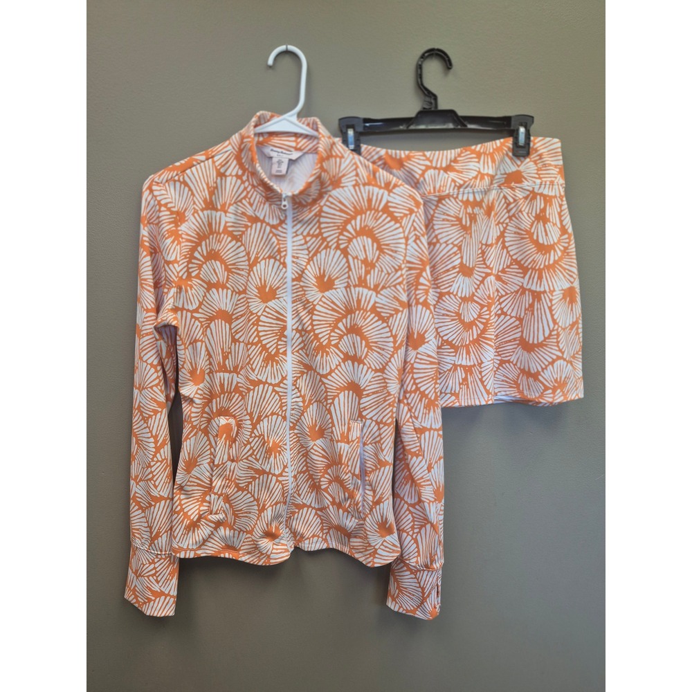 Tommy Bahama Golf Womens L Jacket Skort Set Orange White Golf Outfit UPF 50 EUC